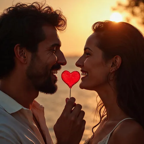 Pareja compartiendo dulce en forma de corazón